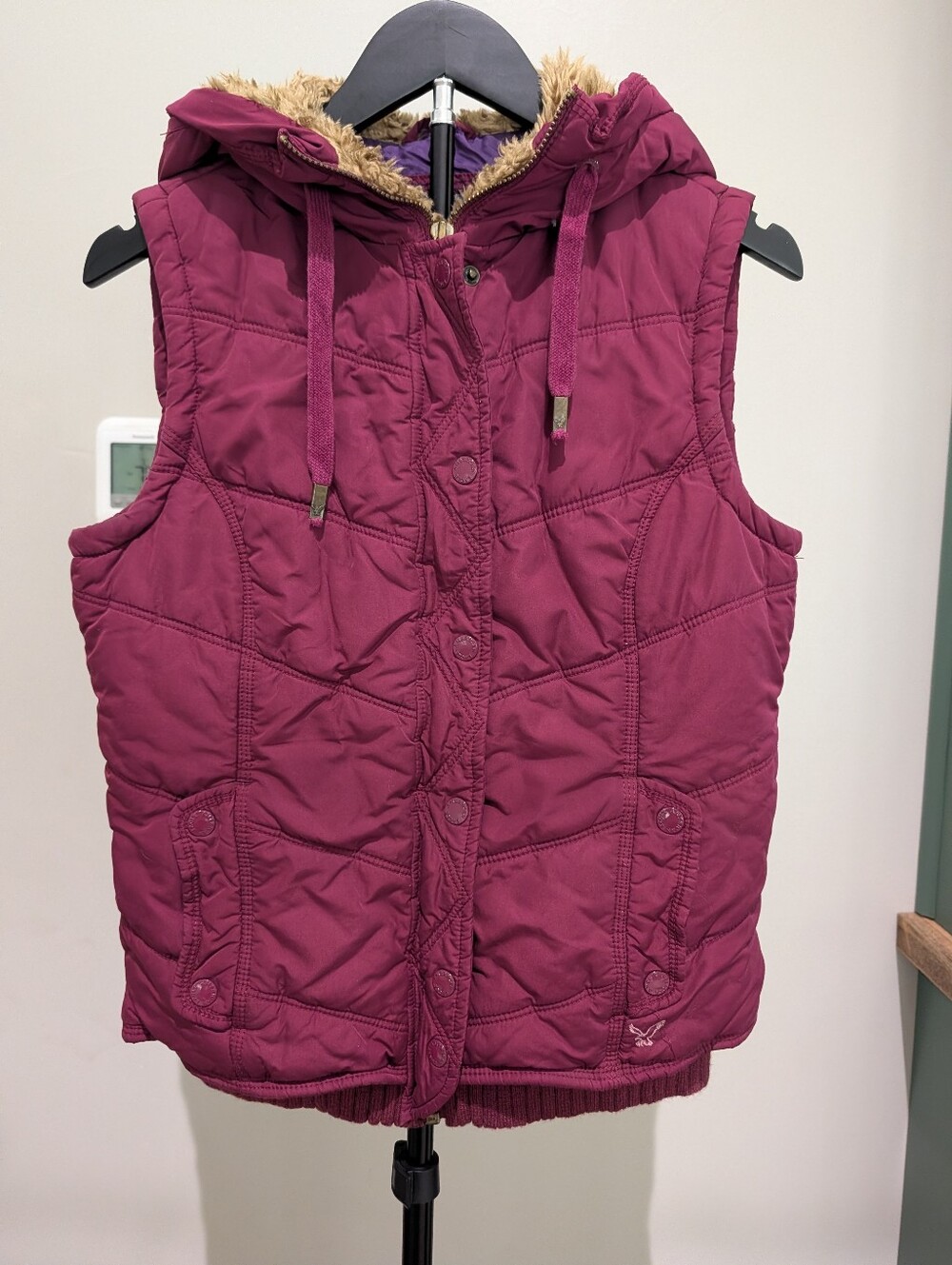 American Eagle Outfitters Burgundy Puffer Vest with Faux Fur Lining